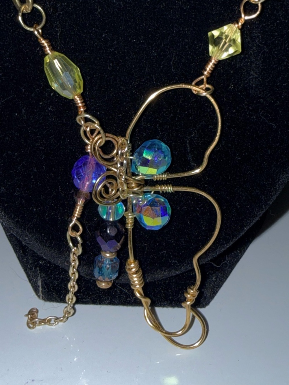 Gold Wire Butterfly Necklace with Blue-Green Iridescent Beads